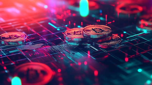 Photo bitcoin coins on a circuit board cryptocurrency concept 3d illustration