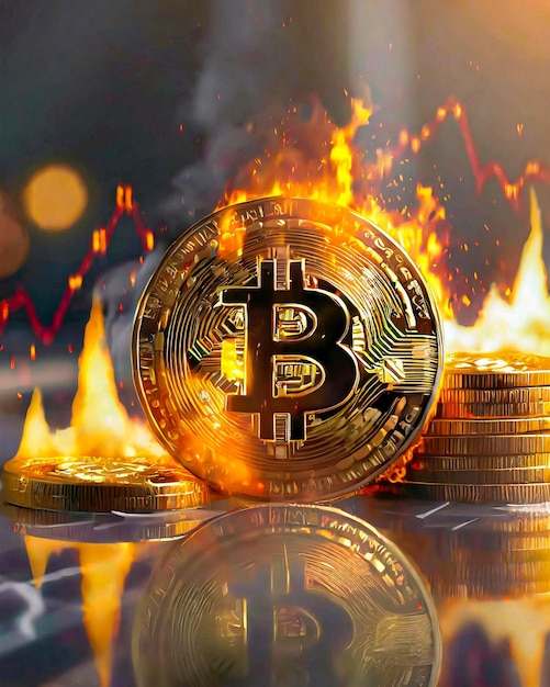 Bitcoin coins fire is burning sign In the stock graph is going up background