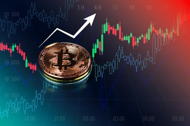 Bitcoin coins on trading graph of chart diagramsymbol of electronic virtual money and mining