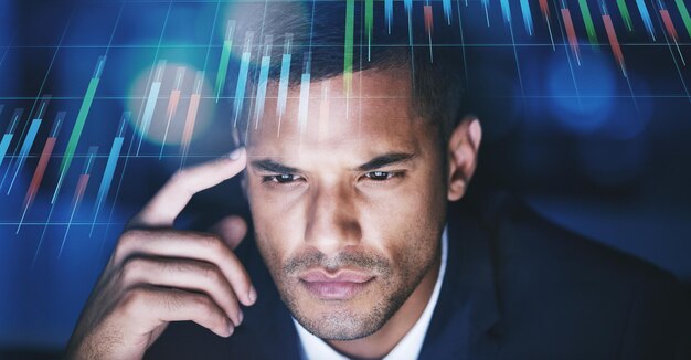 Bitcoin crypto and stock market trader thinking of financial price data analysis on his computer screen monitor Man working on a cryptocurrency trading strategy for forex investment profit growth