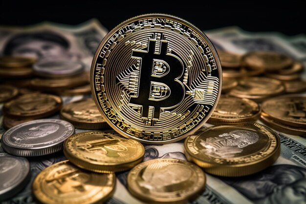 Bitcoin cryptocurrency coin on the background of dollar bills