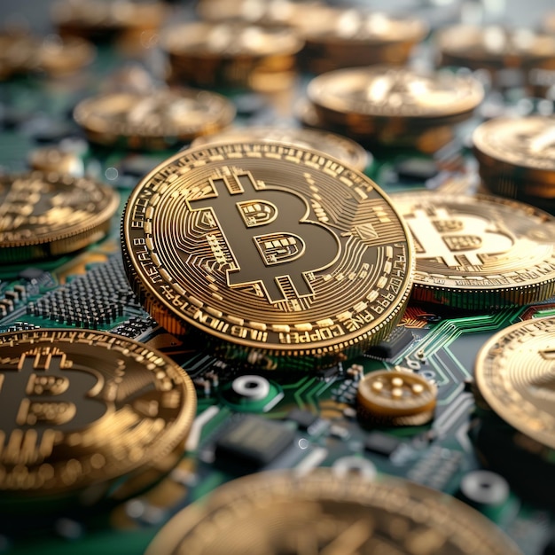 Bitcoin cryptocurrency concept with coin on circuit board for financial technology industry