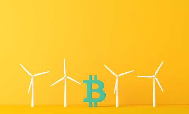 Bitcoin cryptocurrency eco impact bitcoin with wind turbine d rendering