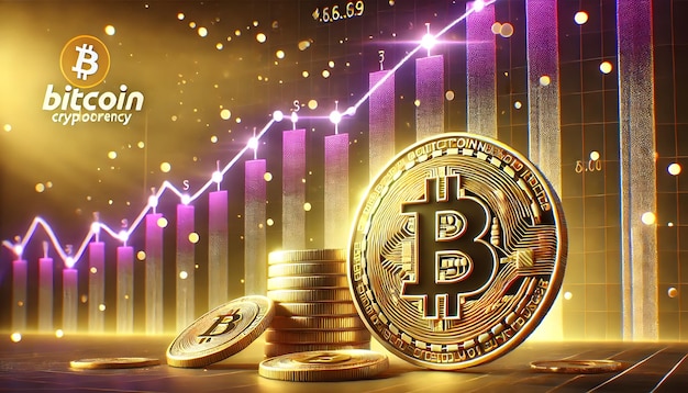 Bitcoin Cryptocurrency Price Surge with Purple and White Candlestick Chart