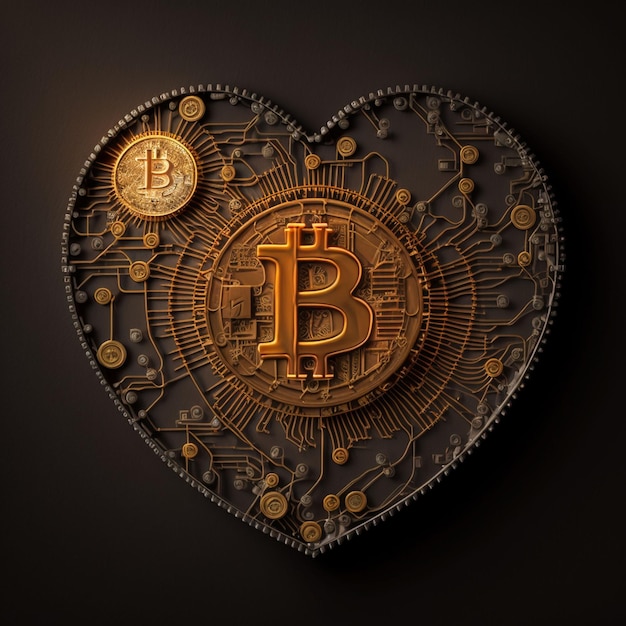 Bitcoin cryptocurrency in the shape of a heart