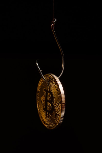 Bitcoin on a fishhook in black space  background.