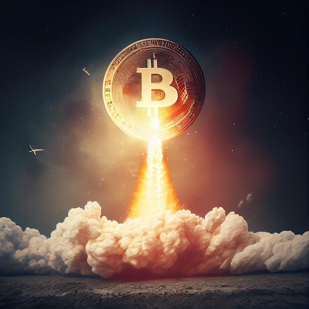 Bitcoin going up Bitcoin btc launch going to the moon in a rocket illustration