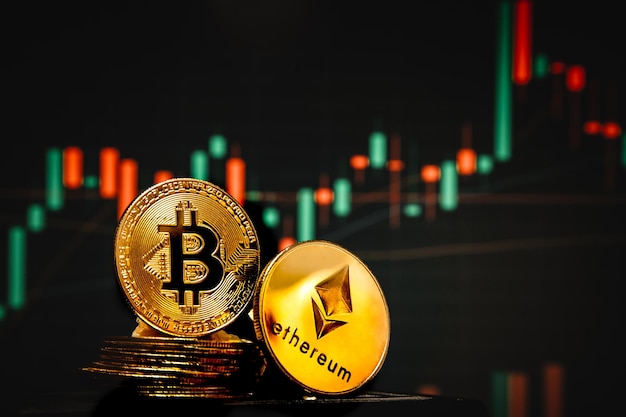 Bitcoin gold coin on trading chart background Bullish market and Bearish market trend Investing in