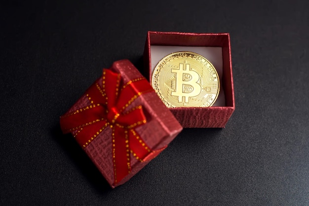 Bitcoin golden coin in a gift box the concept of crypto currency the best gift