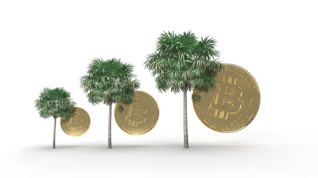 Bitcoin growth three green palms and three bitcoin coins from smaller to larger