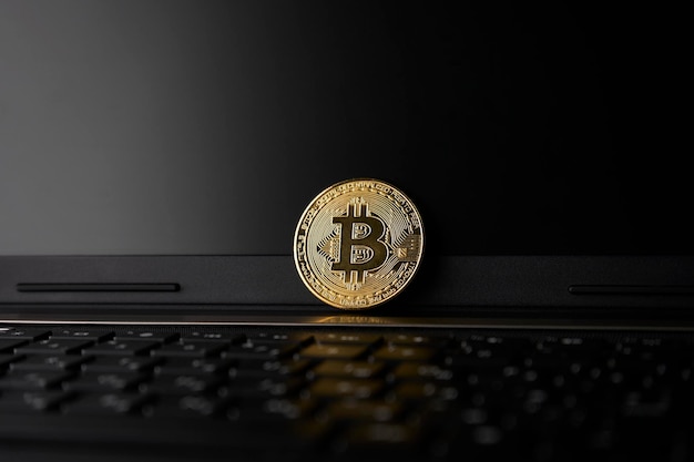 Bitcoin and laptop computer closeup