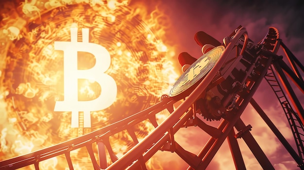 Photo bitcoin logo in flames against a backdrop of a rollercoaster ride representing the volatility of cryptocurrency