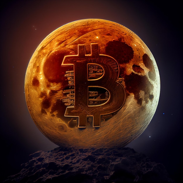 Bitcoin to the moon bitcoin logo in full moon illustration background