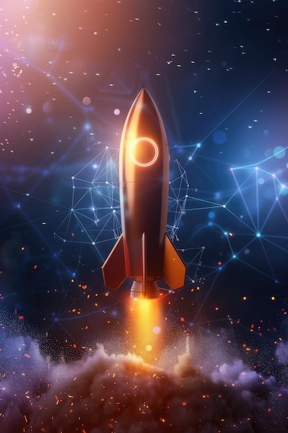 bitcoin rocket flying up selective focus