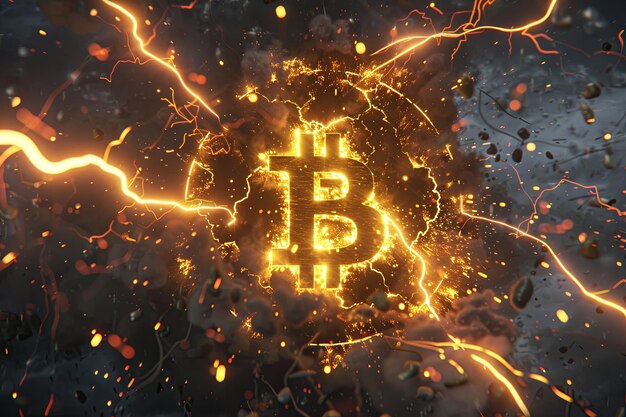 Photo bitcoin symbol emerging from fiery explosion with lightning symbolizing the volatile and powerful