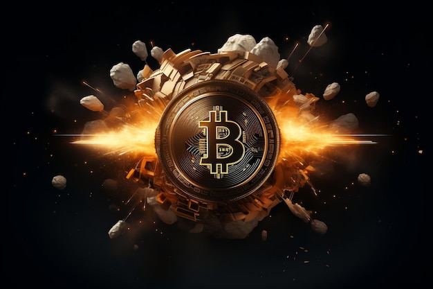 Bitcoin symbol soaring from a rocket against a dark background Generative Ai