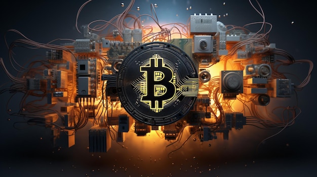 Bitcoin symbol surrounded by electrical components