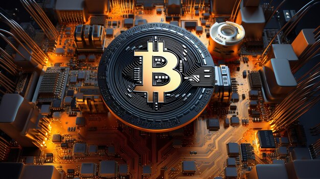 Bitcoin symbol surrounded by electrical components