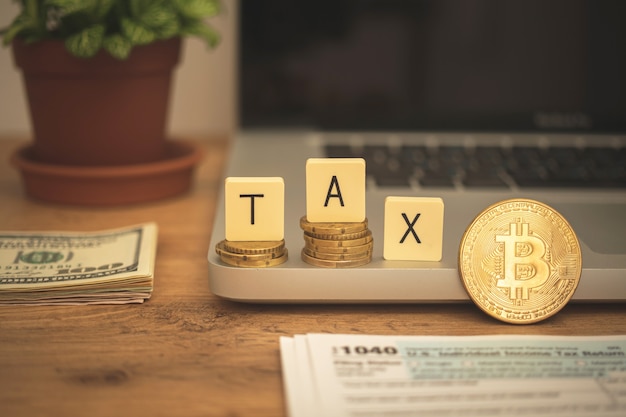 Photo bitcoin and tax background. cryptocurrency and taxation concept. business desktop with laptop and money