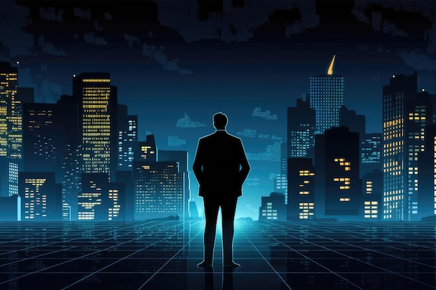 Bitcoin themed background with a businessman in a city at night