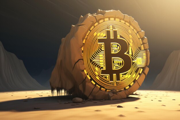 Bitcoin Treasure Unearthed Bitcoin Coin Embedded in the Ground of a Gold Mine Generative AI