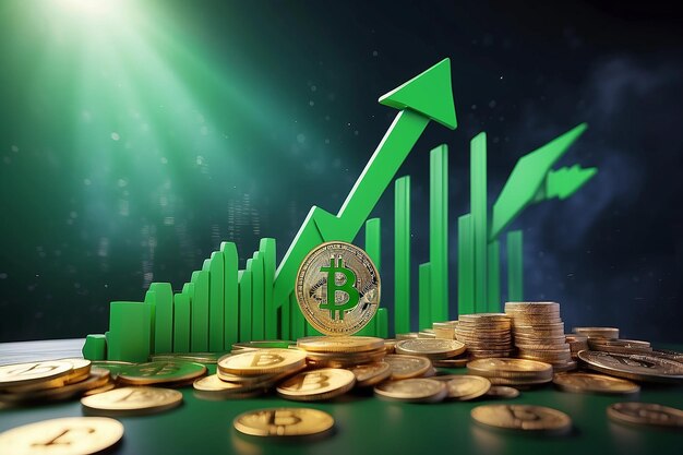 Bitcoin value rising up with green arrow in background BTC crypto prices grow up Concept