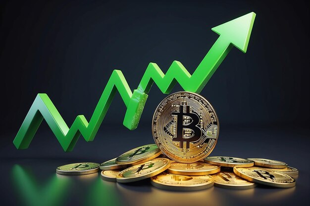 Photo bitcoin value rising up with green arrow in background btc crypto prices grow up concept