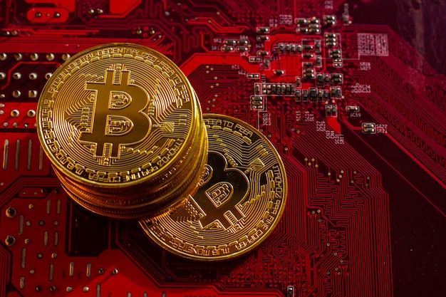 Bitcoin with circuit board microchips, virtual cryptocurrency, Mining golden,  blockchain technology.