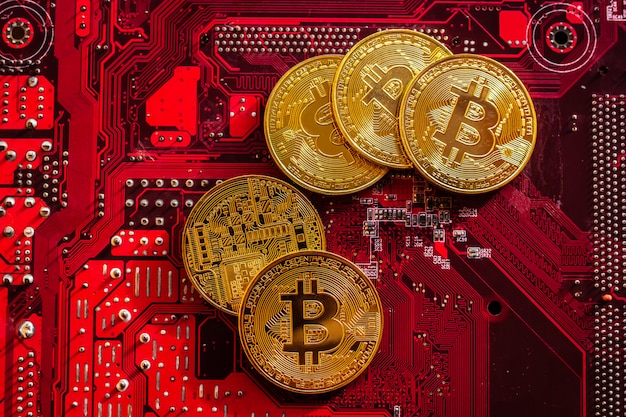 Bitcoin with circuit board microchips, virtual cryptocurrency, Mining golden,  blockchain technology.