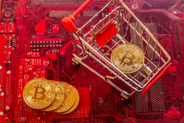 Bitcoin with circuit board microchips, virtual cryptocurrency, Mining golden,  blockchain technology.