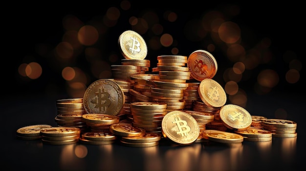 Bitcoins 3D Render Isolated Cryptocurrency Dark Background Studio Photo Realistic Golden Coins Bounc