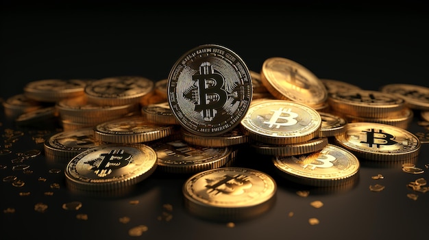 Bitcoins 3D Render Isolated Dark Background