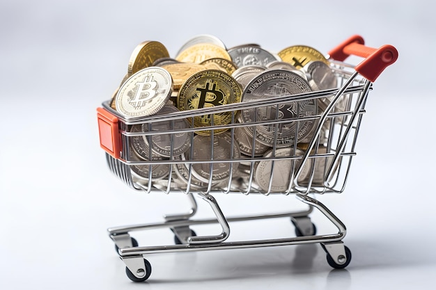 bitcoins_in_a_shopping_cart_on_a_white_background