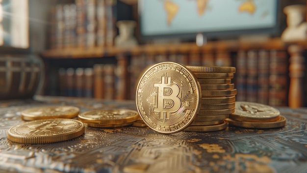 bitcoins on the table with map background