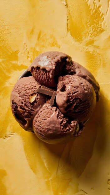 Photo bitten dark chocolate almond ice cream on a yellow orange background