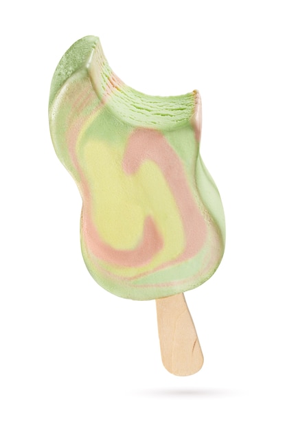 Bitten mixed flavor green, yellow and pink popsicle isolated on white background