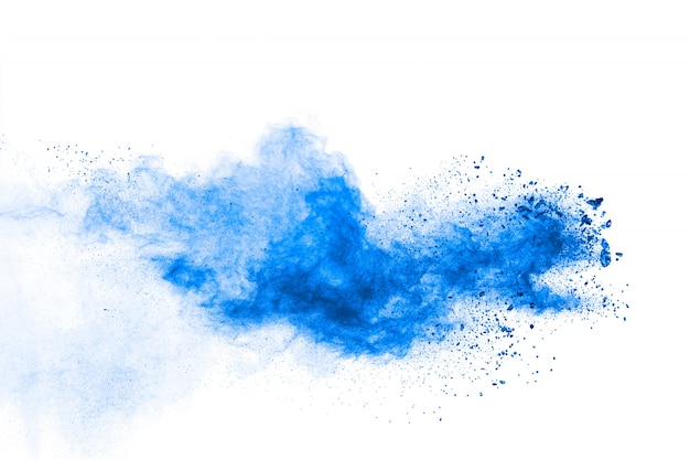 Bizarre forms of blue powder explode cloud on white background.