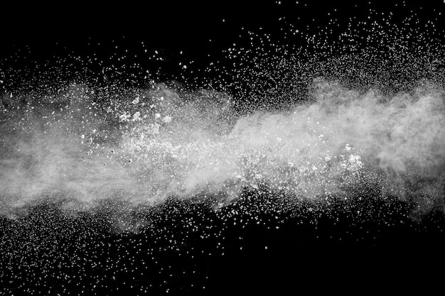 Bizarre forms of white powder explosion cloud against black background. White dust particles splash.