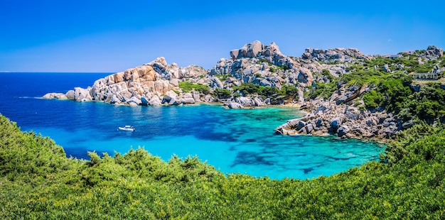 Bizarre granite rock and azure bay in Capo Testa Sardinia Italy