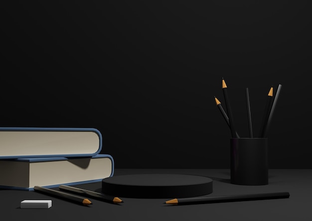 Black 3D illustration back to school product display podium stand the side with pencils and books