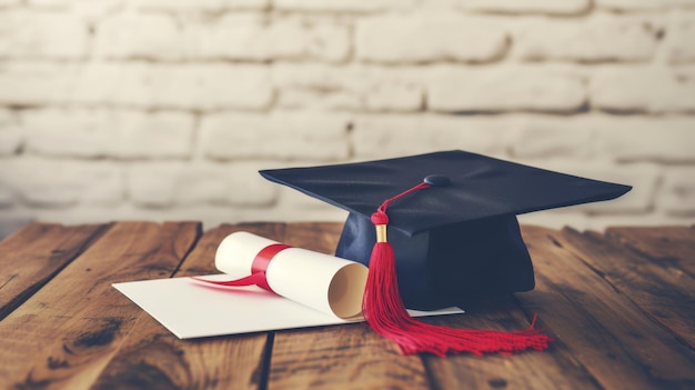 black academic cap with a red tassel and a diploma with a red ribbon placed on a wooden surface against a blurred brick wall background