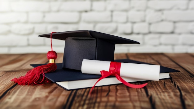 black academic cap with a red tassel and a diploma with a red ribbon placed on a wooden surface against a blurred brick wall background