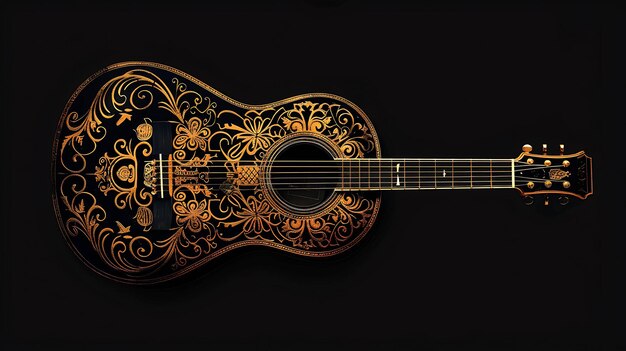 Photo a black acoustic guitar with gold floral inlay on a black background