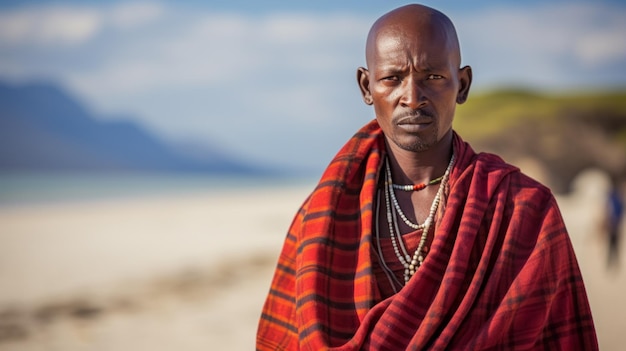 A black African Man of the Masai Mara tribe in bright colorful red orange clothes looks at the camera on the Beach of the Sea on a sunny day Travel diversity of Peoples and Races concepts