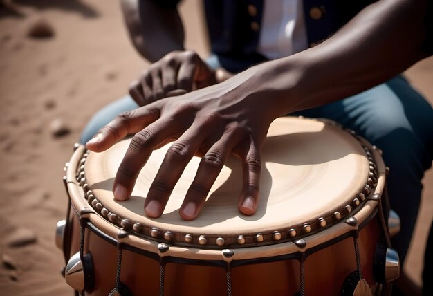 Photo a black african man playing a drum