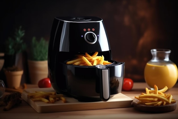 Black Air fryer cooking machine with french fries wooden table setting on a kitchen ai generative