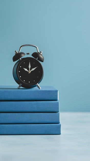 Photo black alarm clock on stacked notebooks against blue background