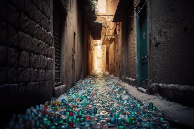 Black alley littered with scattered empty plastic bottles overflowing garbage