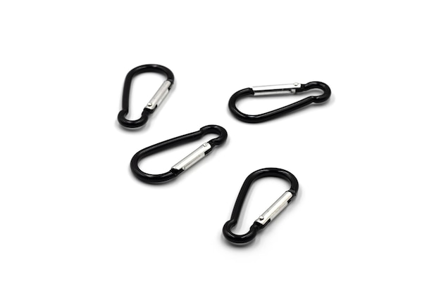 Black aluminium alloy carabiner for camping and outdoor activities Use it to clip objects together Isolated on white background