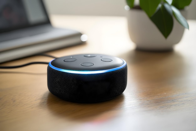 Black Amazon echo speaker on a table next to a plant